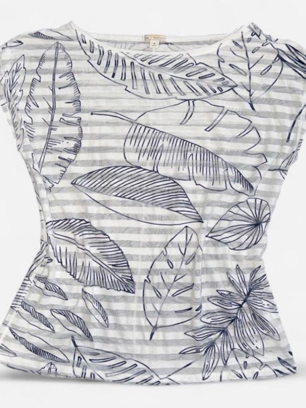 GAP White and Navy Nature Leaf Patterned Shirt with Sheer Stripes, Size Medium